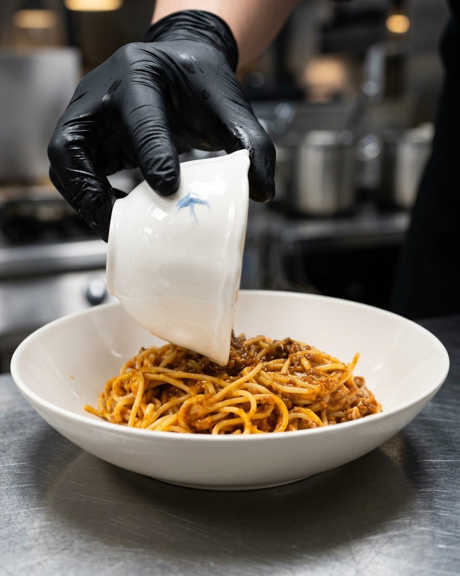 A hand in a black glove pouring a raw egg yolk from a small white bowl onto a plated serving of meat sauce spaghetti.