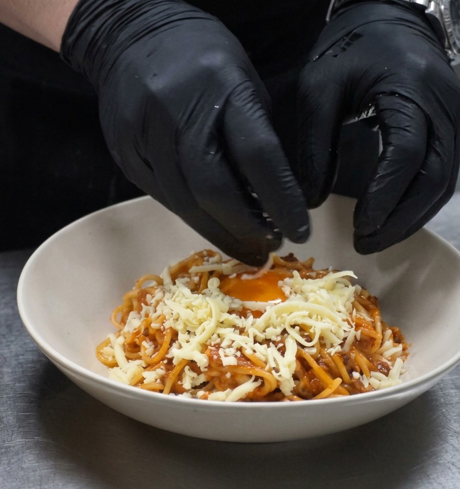Gloved hands sprinkling shredded white cheese over a bowl of spaghetti that has a raw egg yolk in the center.