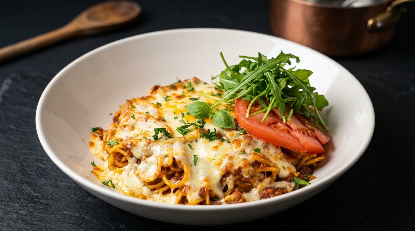 Baked Bolognese Pasta with Melted Cheese and Egg Yolk