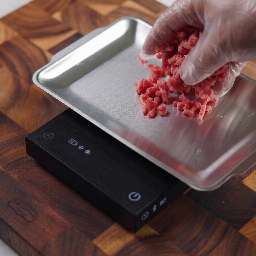 A gloved hand placing a handful of raw ground beef onto a metal tray sitting on a black digital kitchen scale.