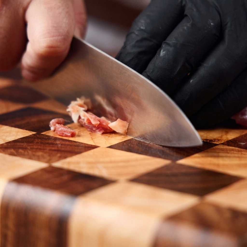 A chef using a sharp knife to dice Italian pancetta into small pieces on a checkered end-grain wooden cutting board.