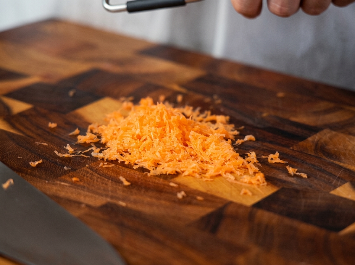 A pile of bright orange shredded carrots sitting in the center of a dark wood cutting board.