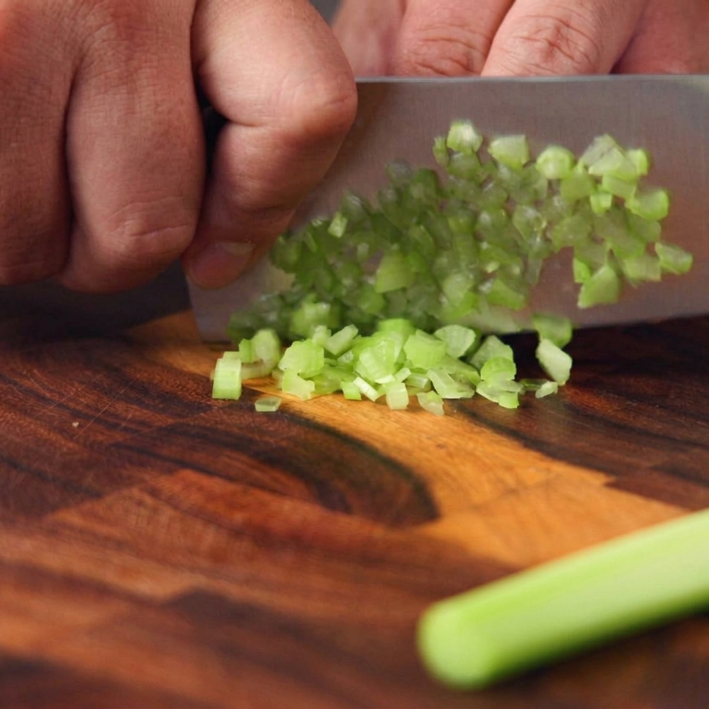 Hands dicing a green celery stalk into small pieces on a wooden board using a wide chefs knife.