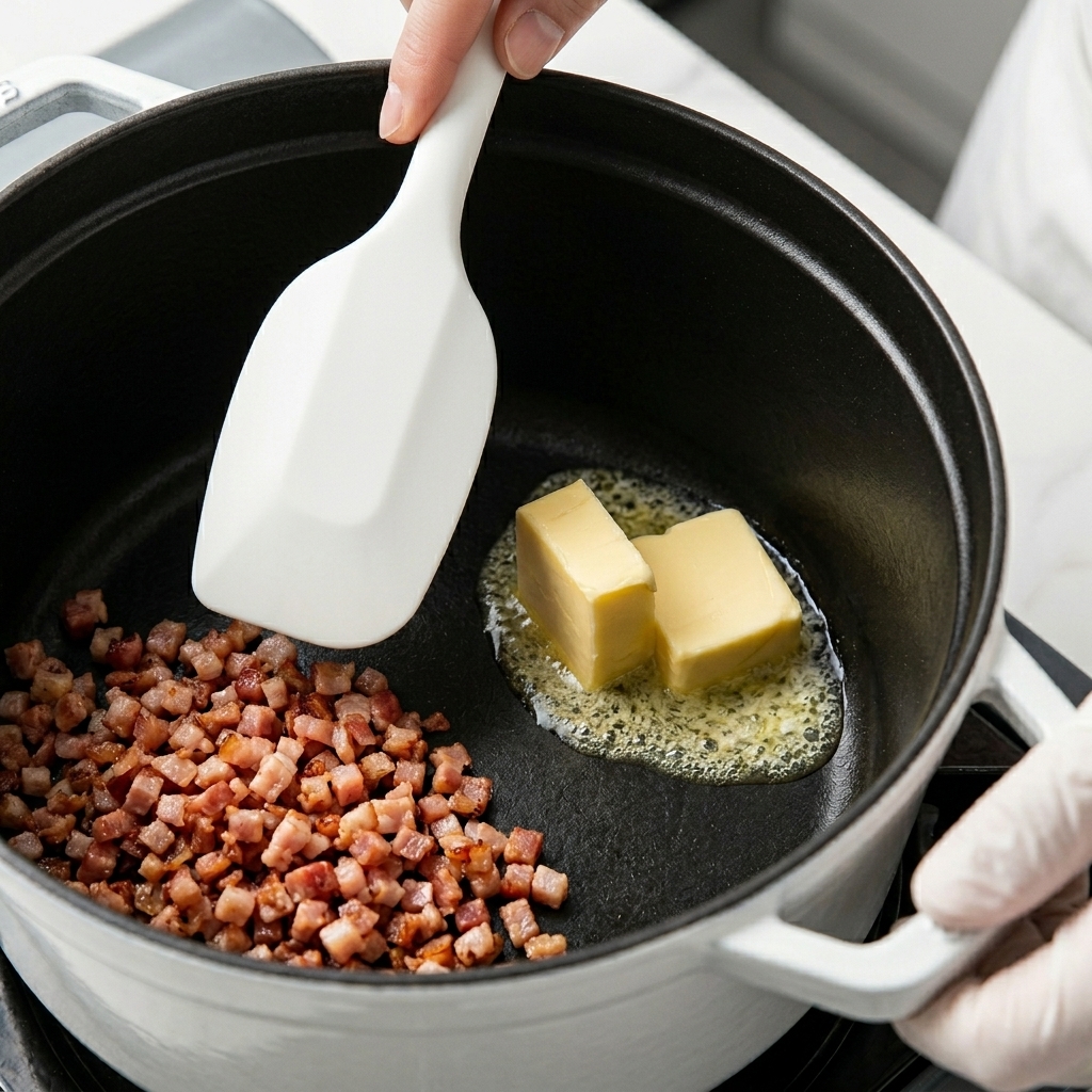 Two cubes of butter melting in a black pot alongside small pieces of browned pancetta.