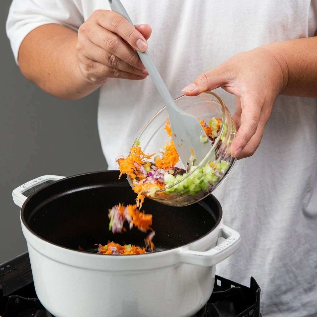 A person pouring a bowl of finely diced carrots, celery, and red onions into a white Dutch oven.