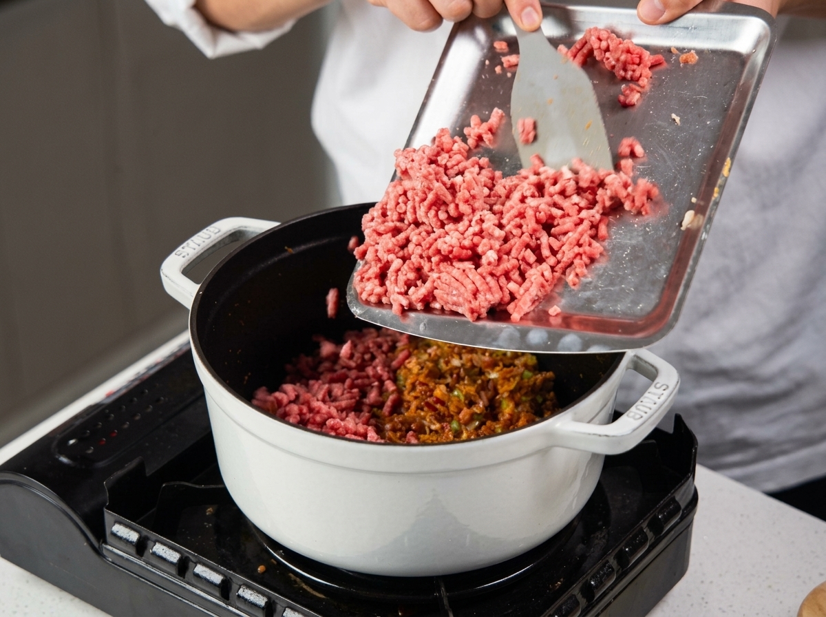 Ground beef being scraped from a metal tray into a pot containing a cooked vegetable mixture.
