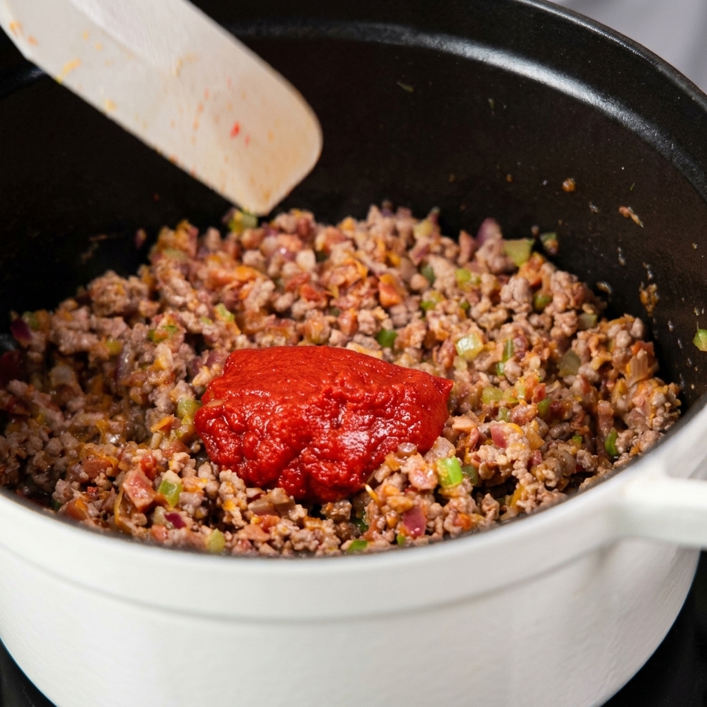 A large dollop of bright red tomato paste sitting on top of browned ground meat and vegetables in a pot.