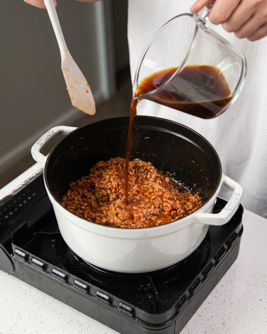 Red wine being poured from a glass cup into a pot of simmering meat and vegetable sauce.