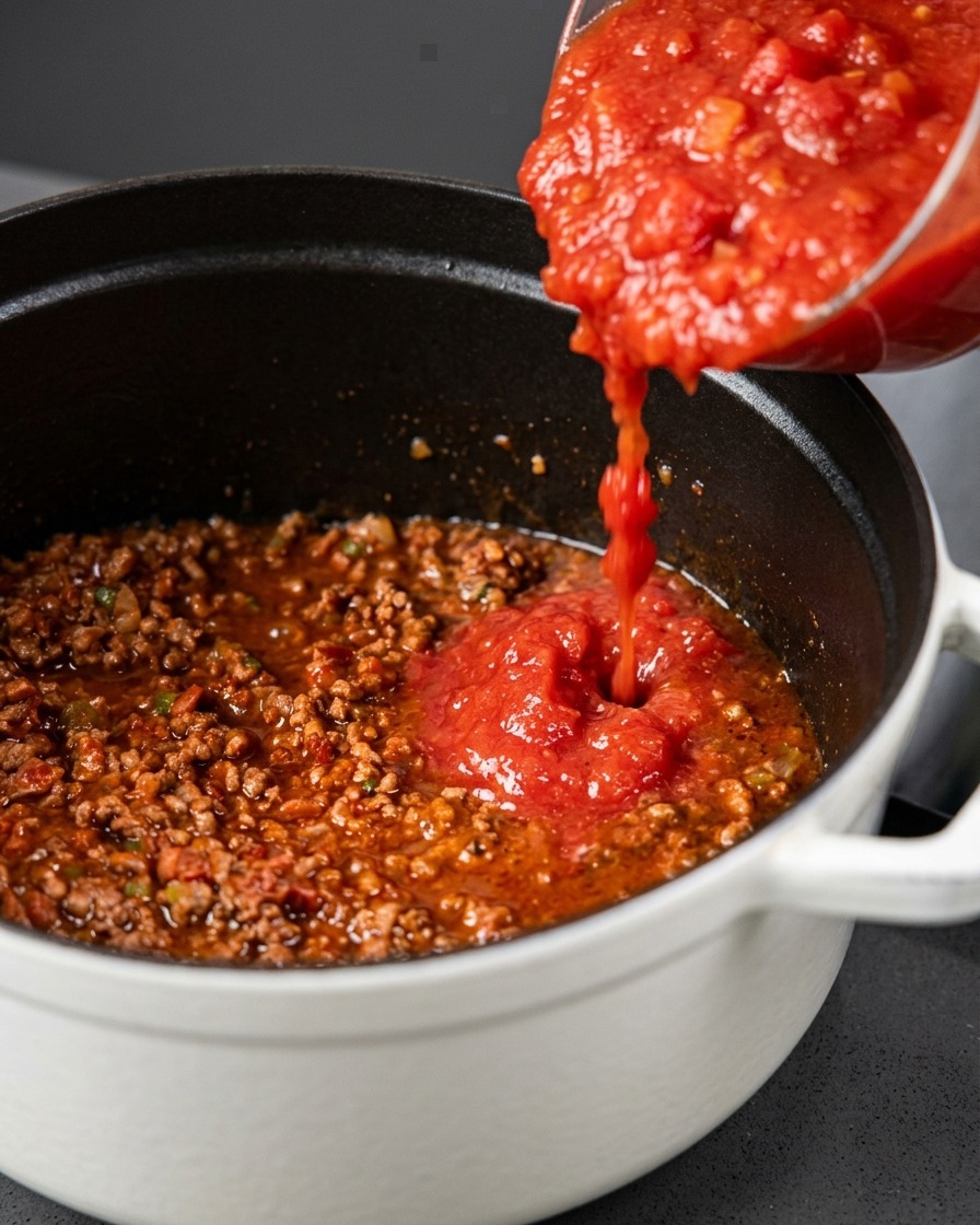 Thick crushed tomatoes being poured from a glass bowl into the meat sauce mixture.