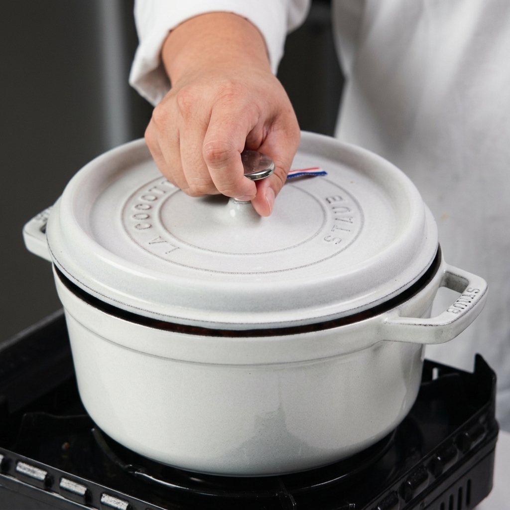 A hand placing a heavy white ceramic lid onto a matching Dutch oven to begin the long simmering process.