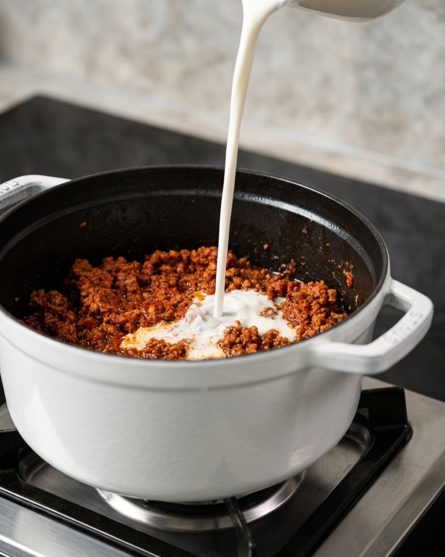 A stream of white milk being poured into a rich, dark red meat sauce inside a white pot.