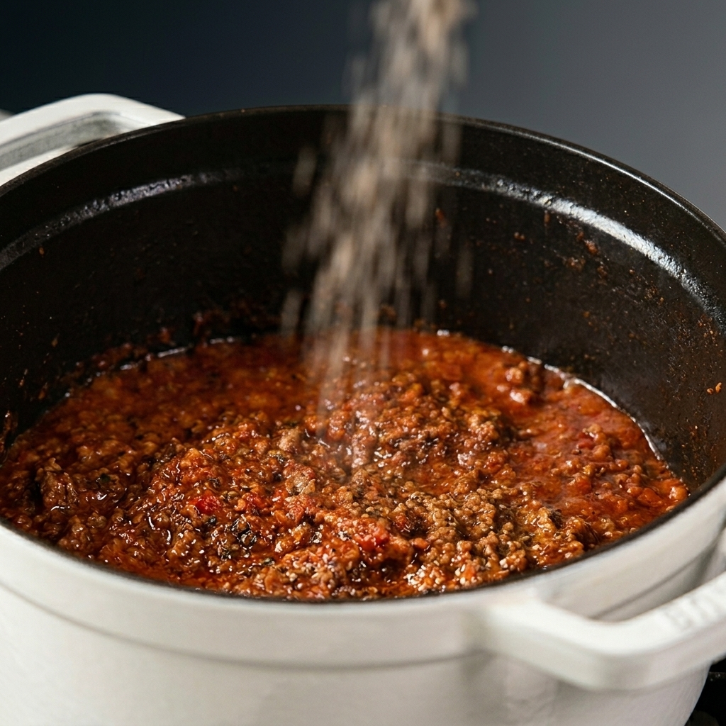 Sea salt and black pepper being sprinkled over a thick, bubbling Bolognese sauce in a pot.