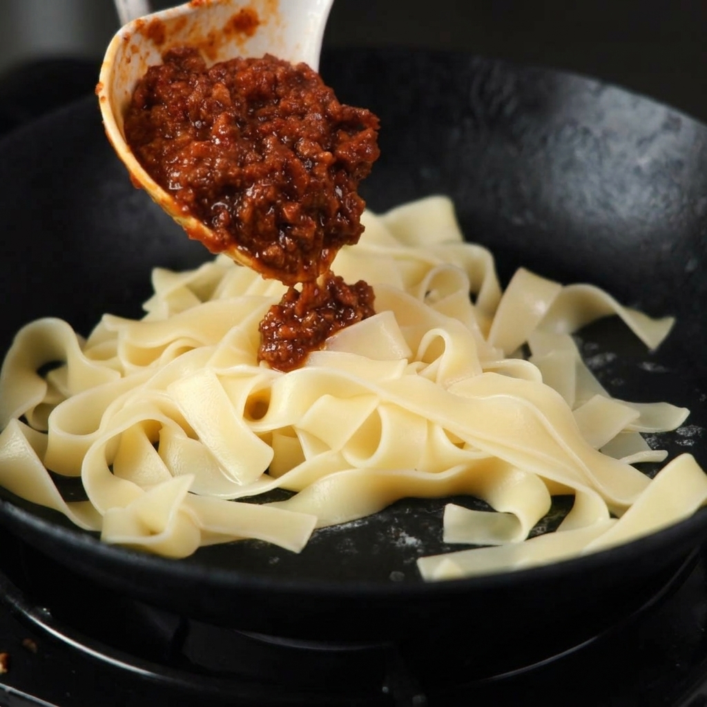 A large ladle pouring thick meat sauce over a pile of cooked wide pasta ribbons in a black skillet.
