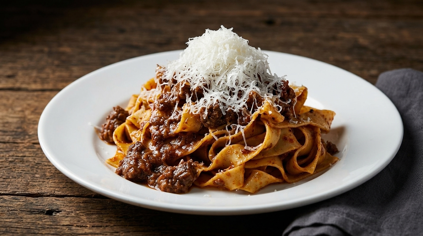 Golden tagliatelle ribbons tossed in a rich mahogany Bolognese sauce, topped with snowy Parmesan.