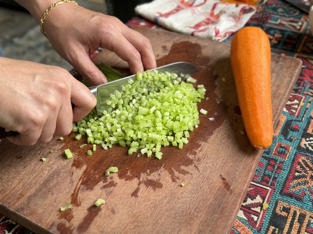 Close-up of hands using a knife to finely dice celery on a wooden board next to a whole carrot.