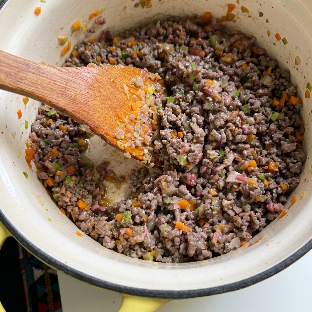 Cooked ground meat and diced vegetables being stirred in a pot, showing a browned texture with no excess liquid.