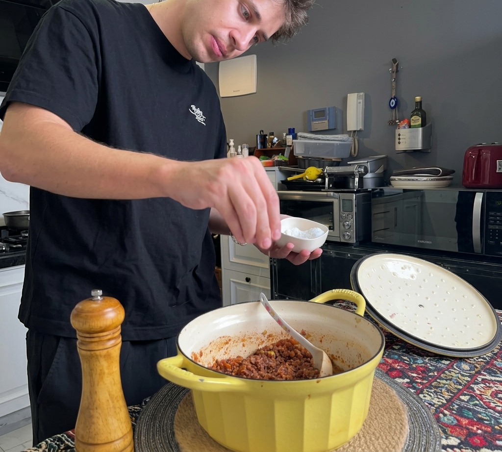 A person sprinkling a pinch of salt from a small white bowl into a yellow pot containing a thick, red meat sauce.
