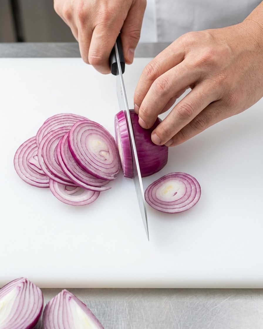A top-down view of a red onion being sliced into thin, uniform strips on a white board with a professional chefs knife.
