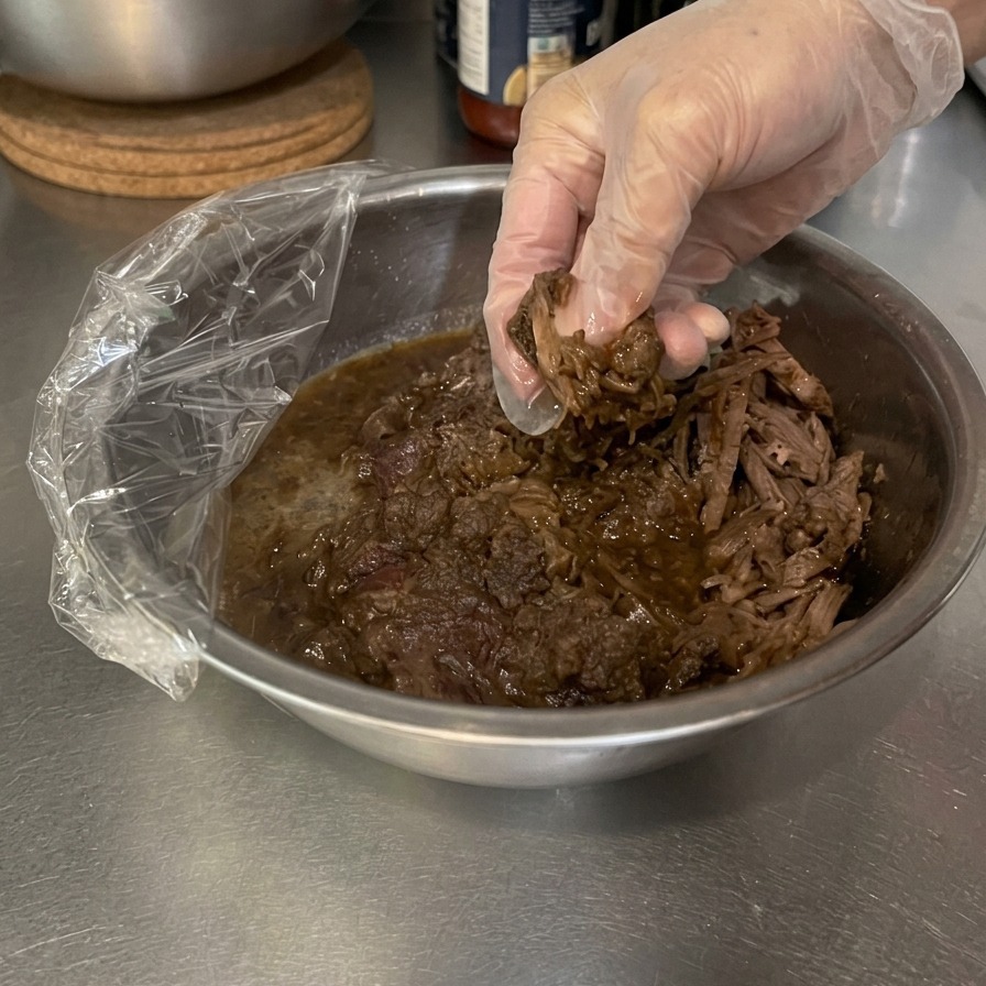 A gloved hand pulling apart tender pieces of slow-cooked beef into a stainless steel bowl filled with dark sauce.