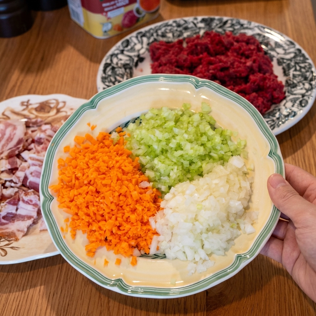 A colorful plate containing three distinct piles of finely diced orange carrots, bright green celery, and white onions.