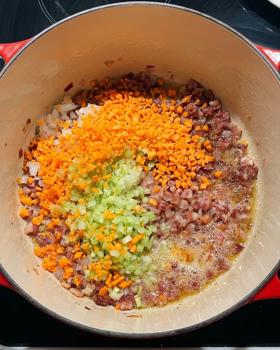 Freshly diced vegetables added on top of the sizzling rendered pancetta inside a large red cooking pot.