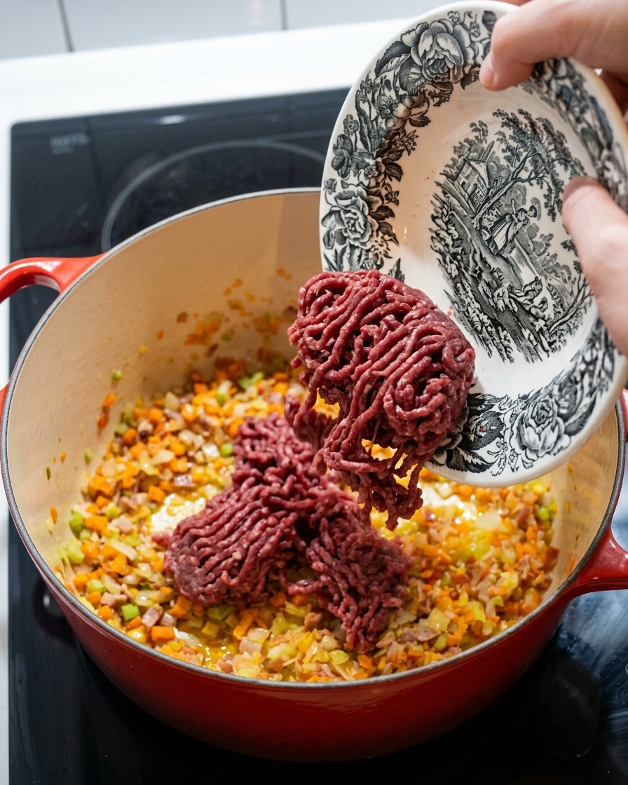 A pile of raw ground beef being added from a patterned bowl into the red pot containing the sautéed soffritto vegetables.