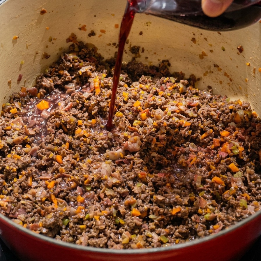 Red wine being poured from a clear glass into a pot containing browned ground beef and sautéed vegetables.