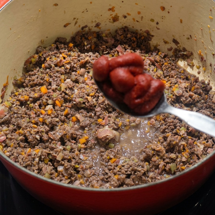 A metal spoon holding a dollop of thick tomato paste above a Dutch oven filled with ground meat and vegetables.