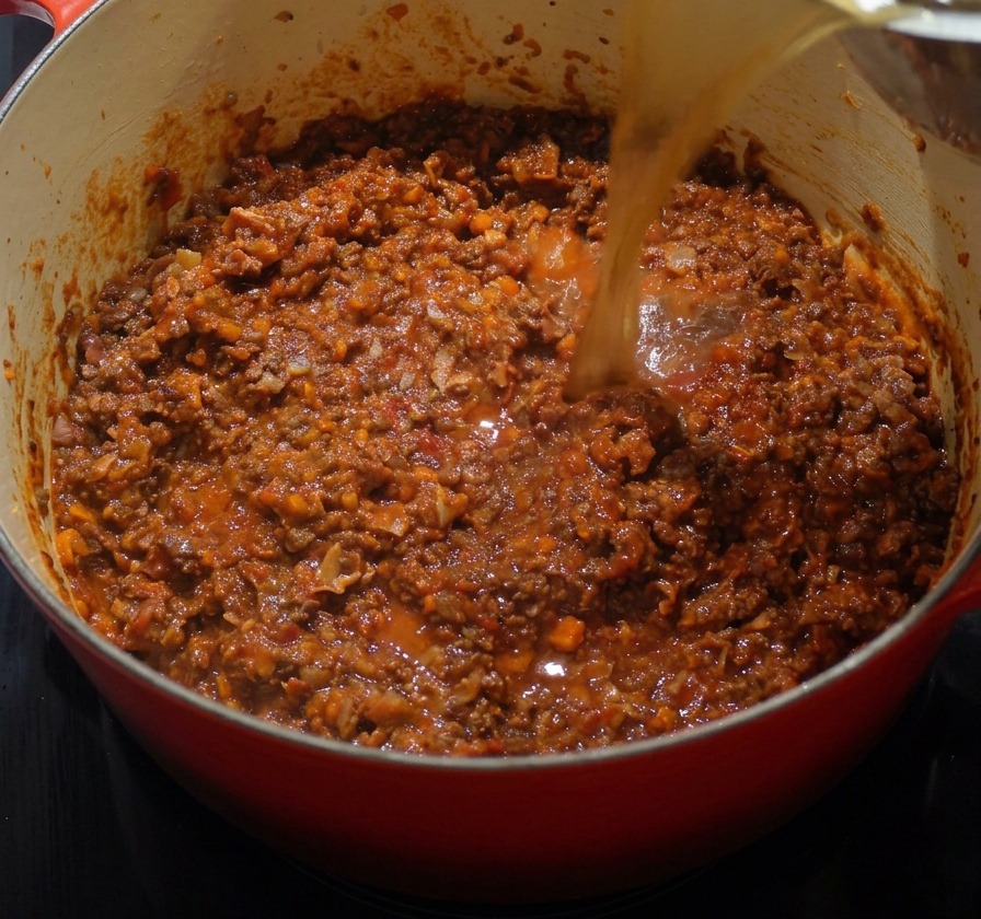 Clear beef broth being poured into a red cooking pot, submerging the meat and tomato mixture.
