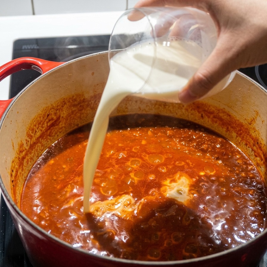 Fresh white milk being poured into a bubbling, deep-red meat sauce inside a red pot.