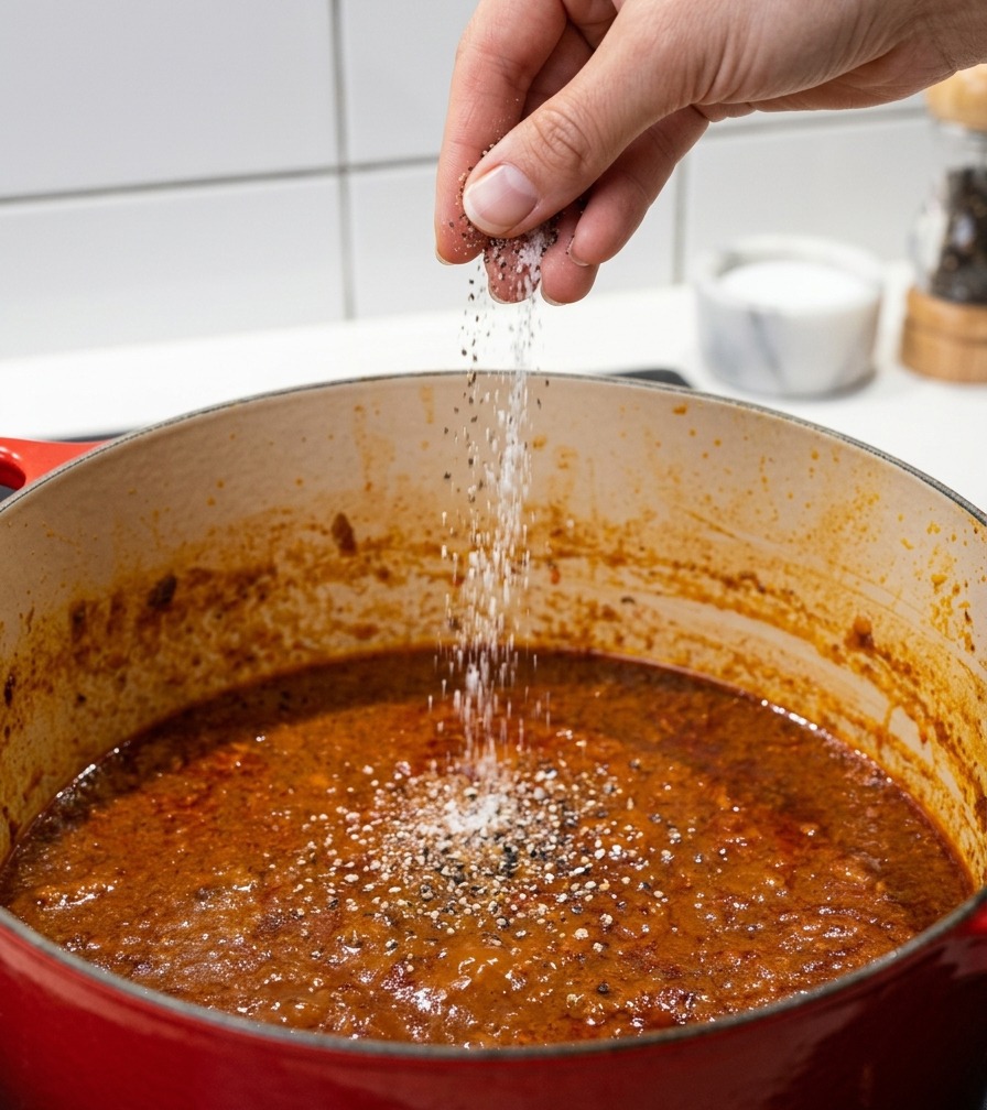 A hand sprinkling salt and cracked black pepper into a red pot filled with a thick, orange-red meat sauce.