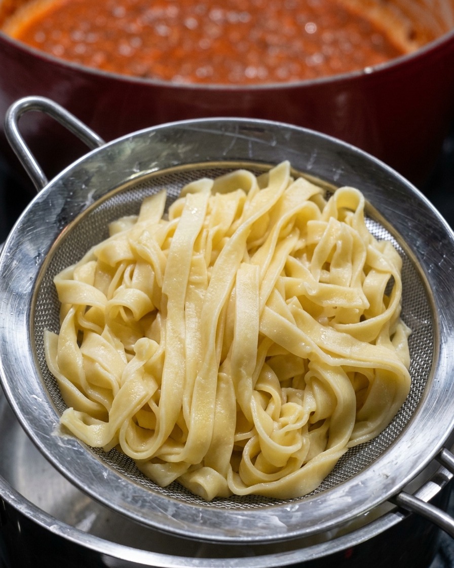 A metal mesh strainer lifting a bundle of cooked, wide yellow tagliatelle noodles out of a steaming pot.