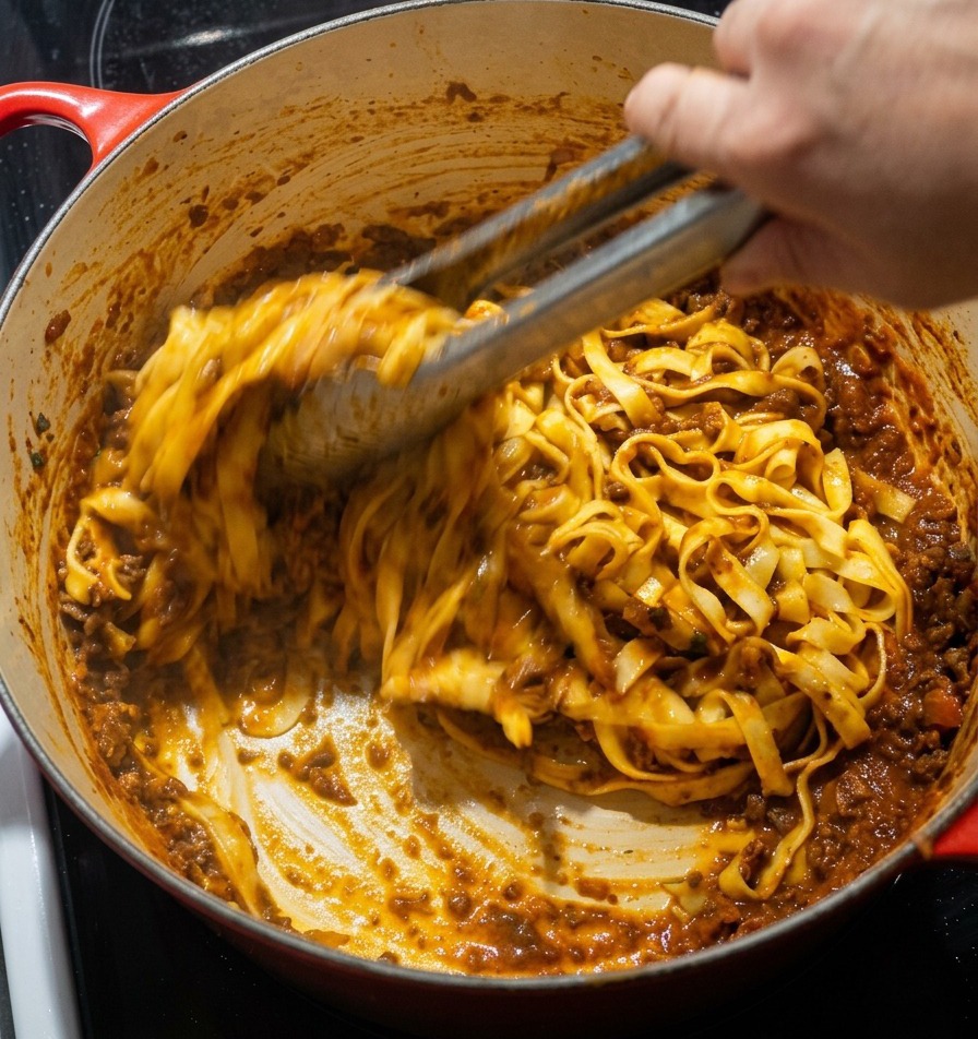 Tongs mixing wide tagliatelle noodles into a hearty meat sauce inside a red enameled cast-iron pot.
