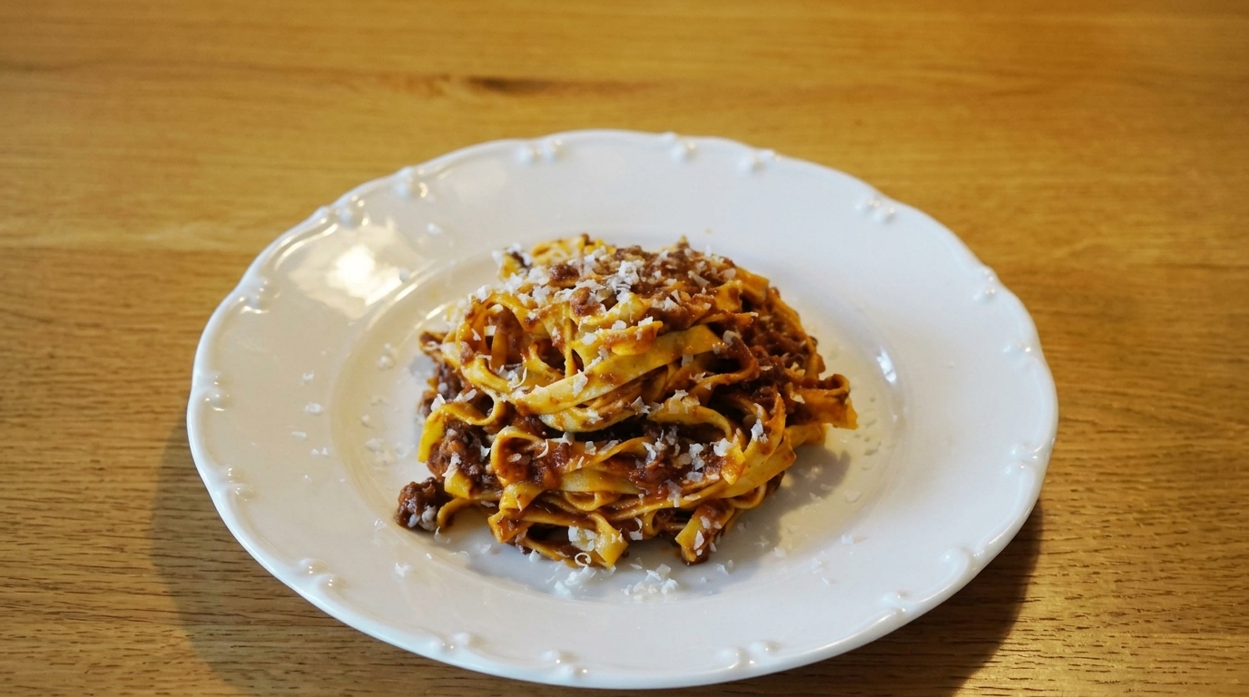 A classic plate of Tagliatelle al Ragù alla Bolognese, finished with a generous dusting of freshly grated Parmesan cheese.