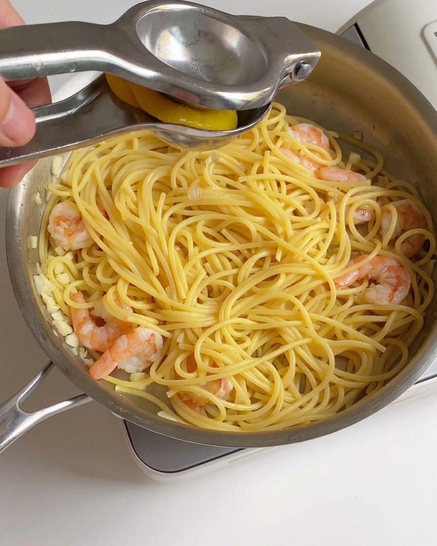 Fresh lemon juice being squeezed from a metal citrus press onto a pan of cooked shrimp and spaghetti.