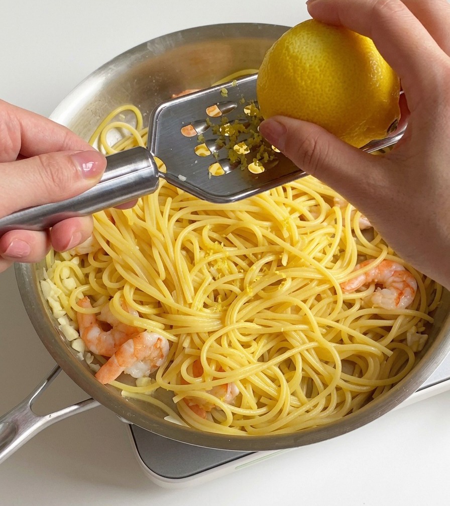 A person grating the skin of a fresh lemon over a pan containing spaghetti and pink, cooked shrimp.