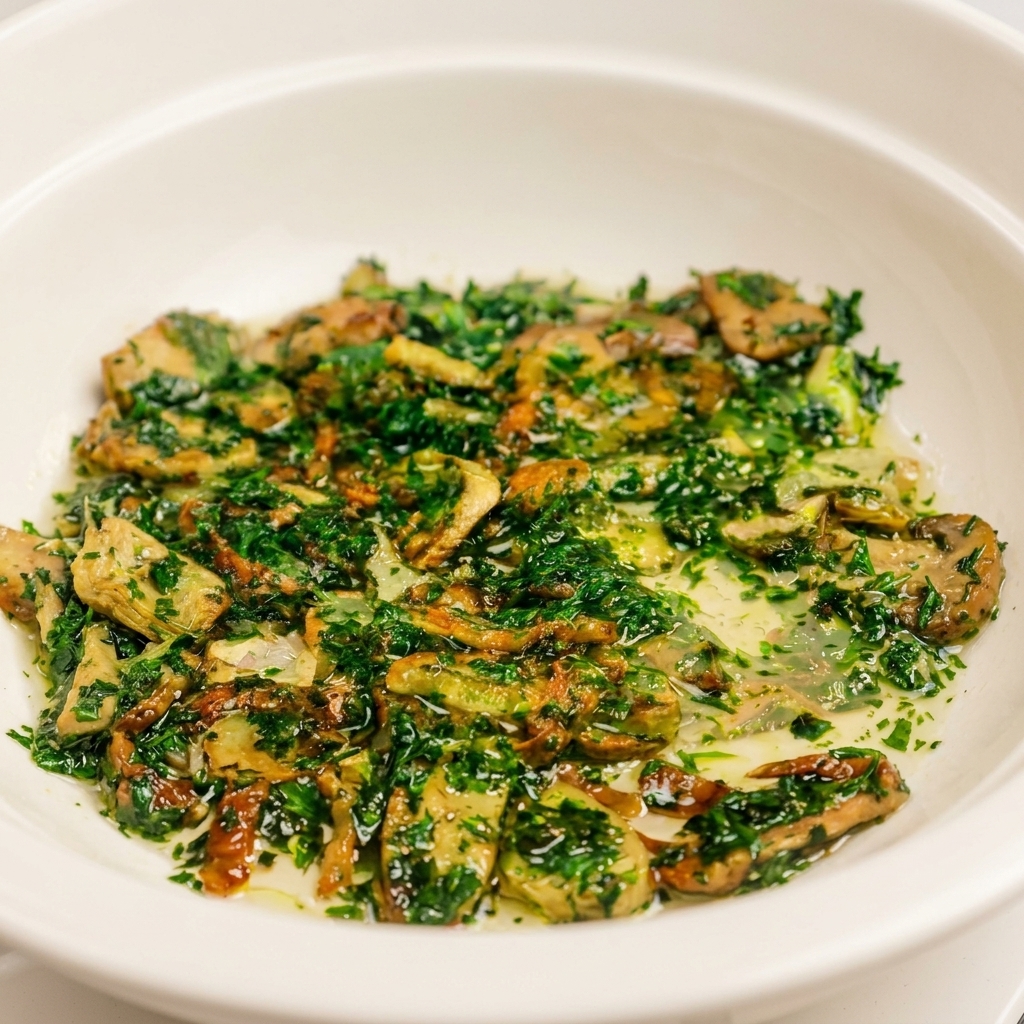 The sautéed garlic, bacon, and parsley mixture in the pan with a small amount of cloudy pasta water added to create a cohesive sauce.