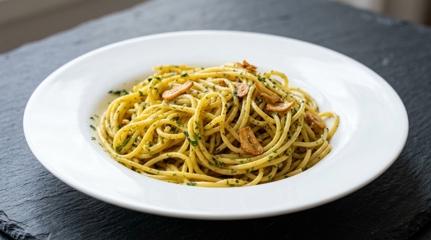 Golden spaghetti tossed with crispy garlic slivers, smokey bacon bits, and finely minced fresh parsley.