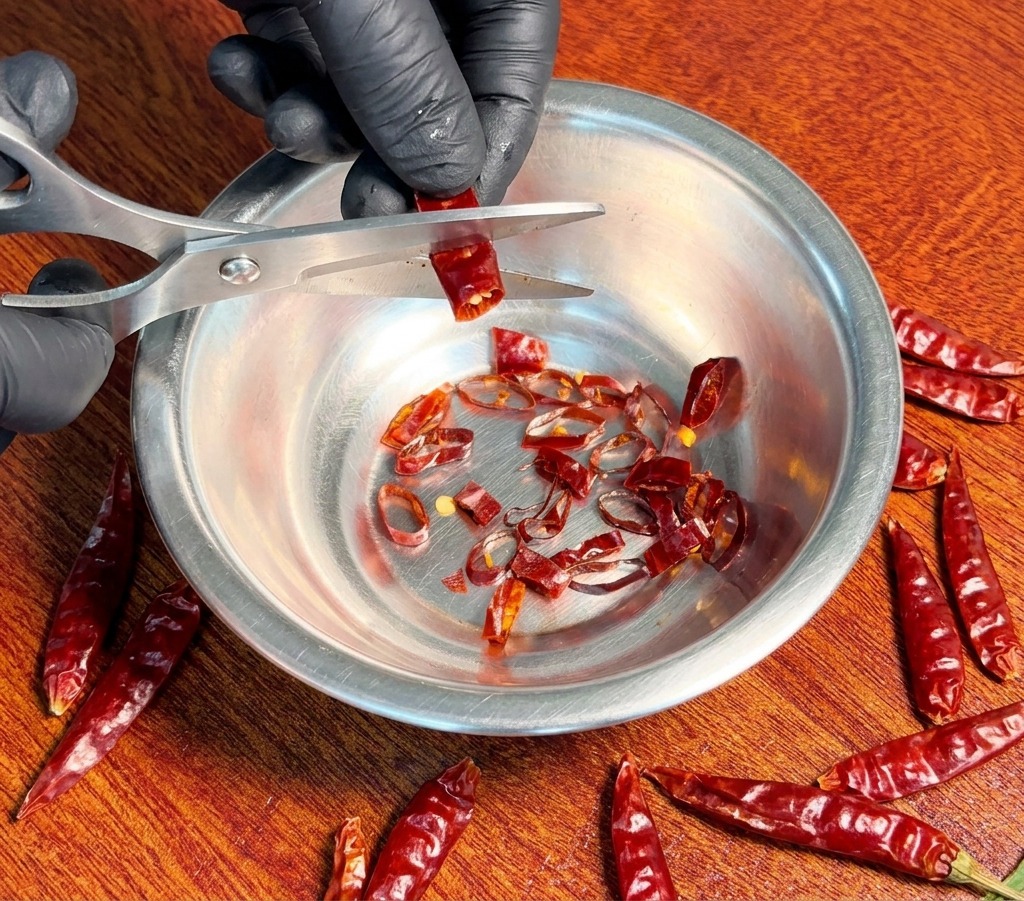 A person using scissors to cut dried red chili peppers into small rings over a stainless steel bowl on a wooden surface.