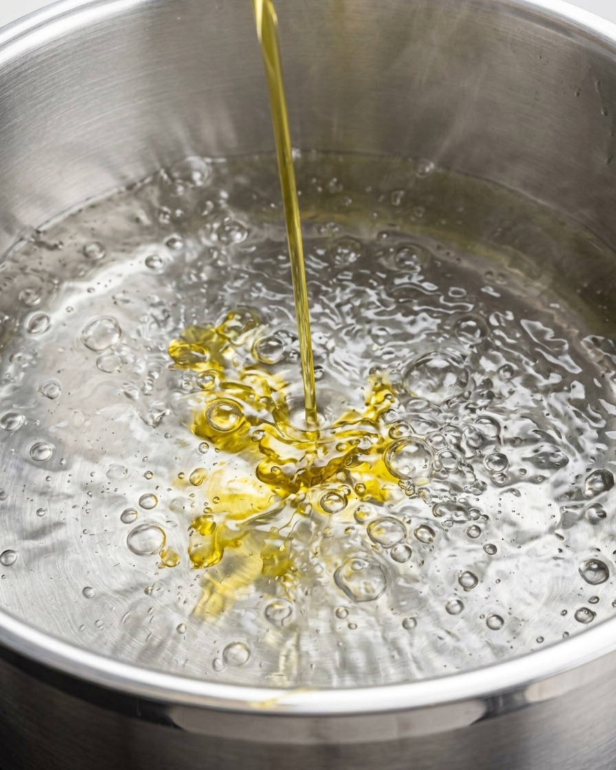 A stainless steel pot filled with vigorously bubbling boiling water on a stovetop.