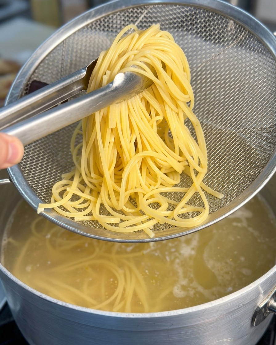 Tongs lifting a bundle of yellow spaghetti into a metal mesh strainer held over a pot of boiling water.