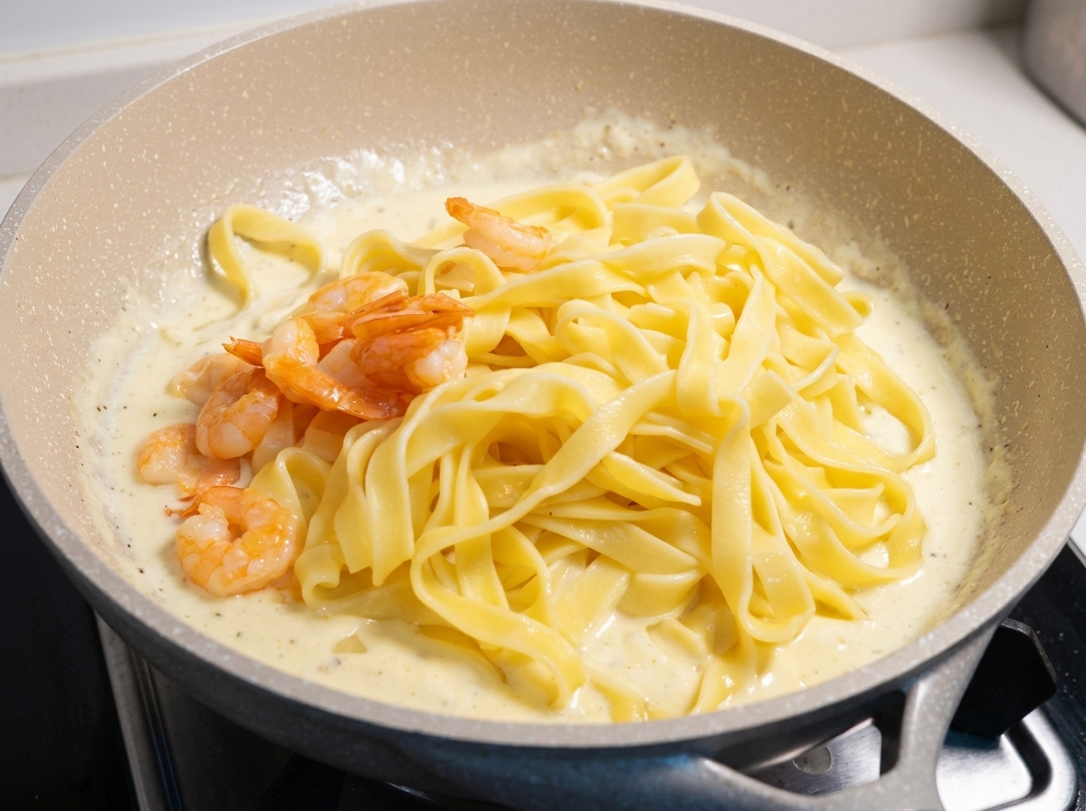 Cooked pink shrimp being added to a pan filled with fettuccine pasta and a creamy white sauce.