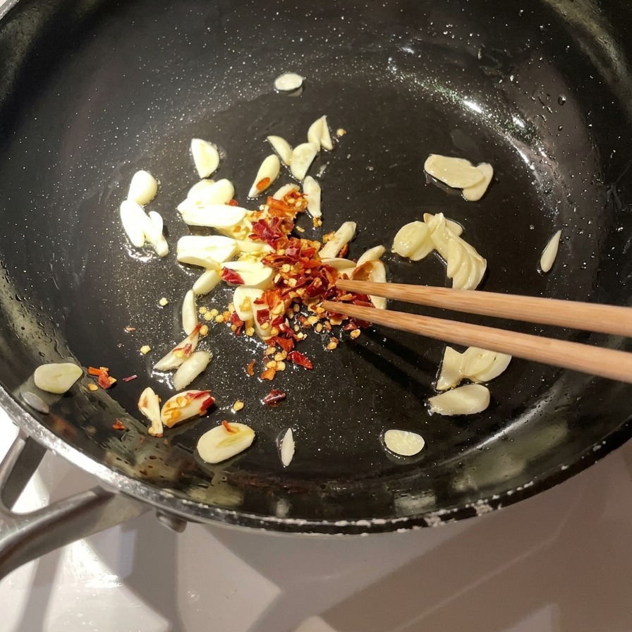 Dried red chili flakes being mixed into a pan of aromatic garlic slices sizzling in oil.
