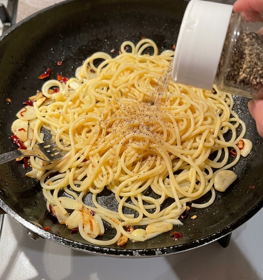 A hand using a white-capped grinder to sprinkle fresh seasoning over a pan of cooked pasta.