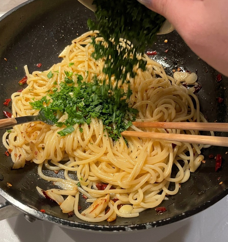 A bowl of finely chopped fresh parsley being emptied over a pan of garlic and oil spaghetti.