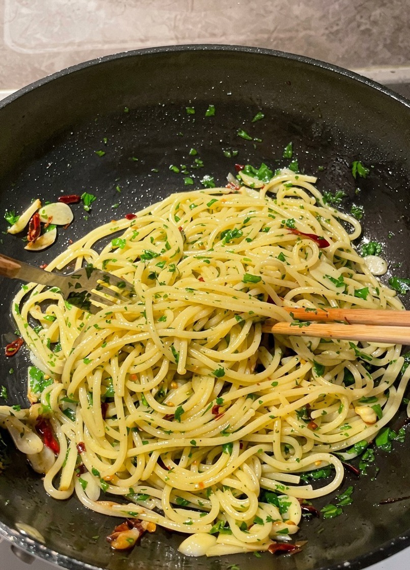 A pan of spaghetti being tossed with golden sautéed garlic, red chili flakes, and a generous amount of fresh green parsley using chopsticks and a fork.