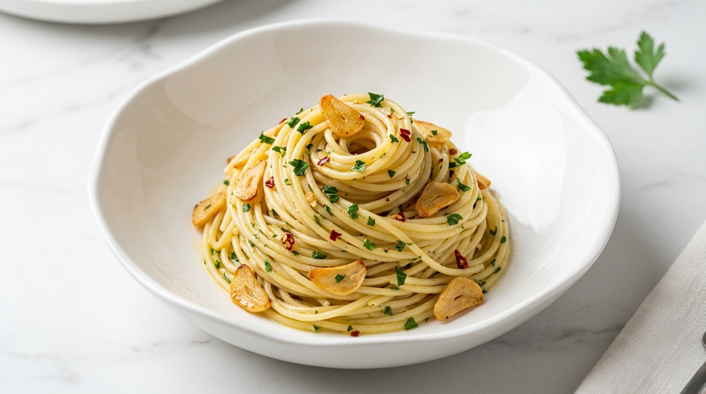 A perfect swirl of Spaghetti Aglio e Olio topped with toasted garlic and fresh parsley