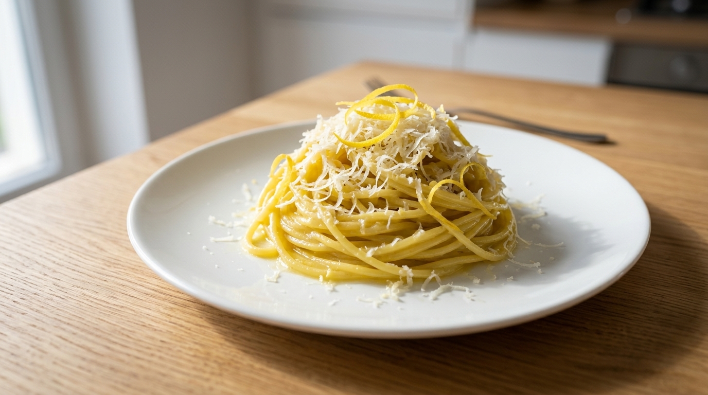 A plated mound of Amalfi-style lemon pasta topped with a thick layer of freshly grated Parmesan and vibrant lemon zest curls.