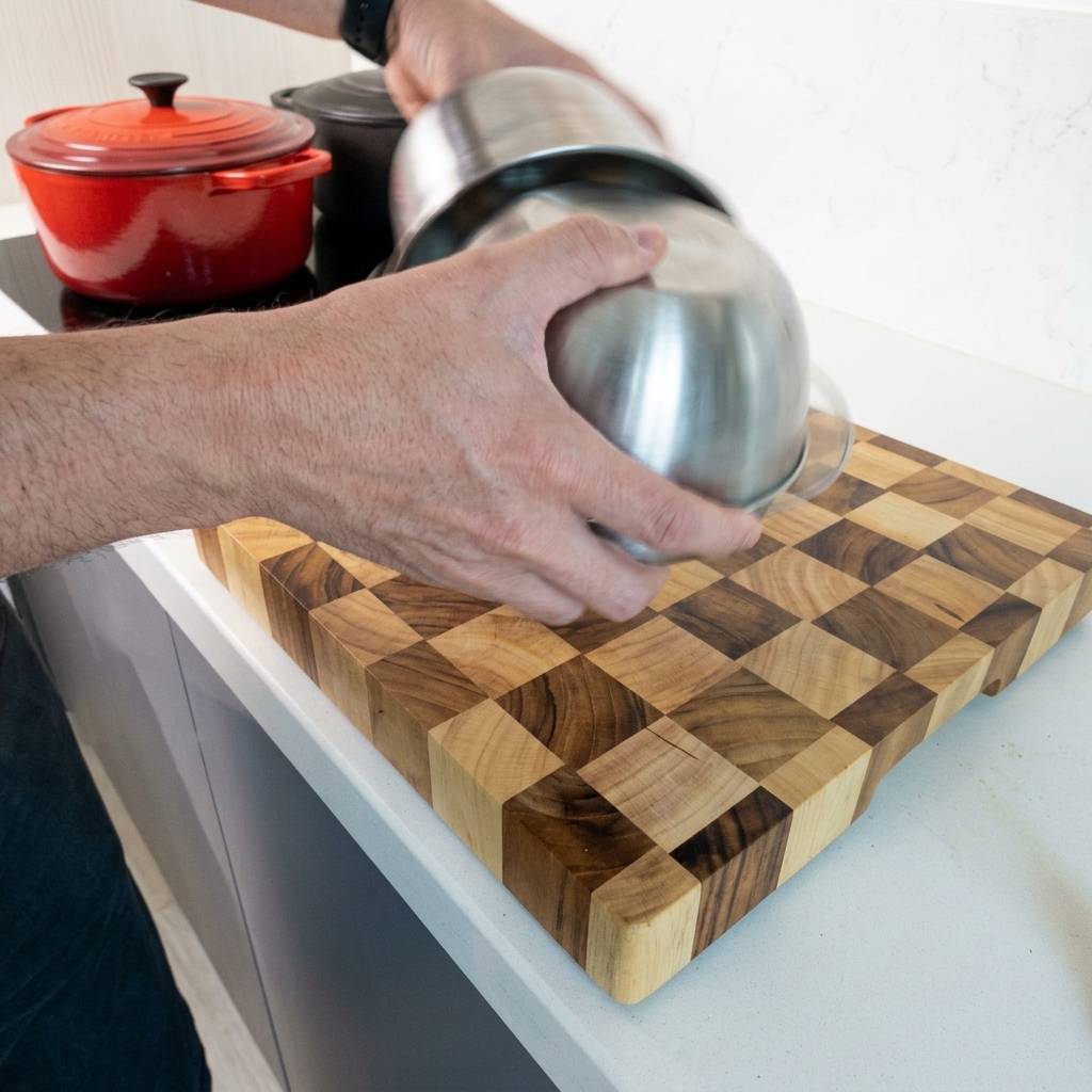 A persons hands holding two stainless steel bowls together over a wooden cutting board to shake garlic cloves inside.