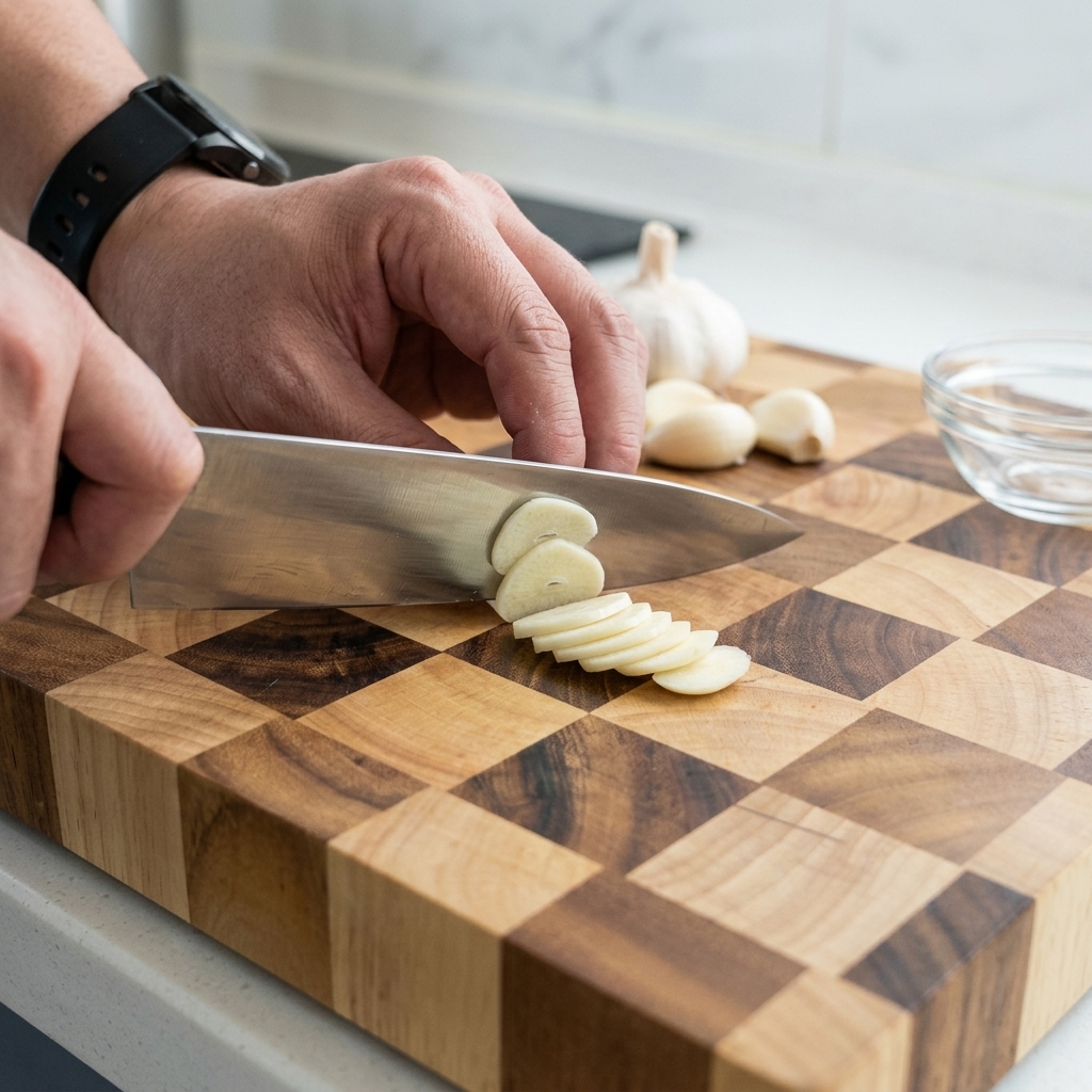 A close-up of a chefs knife slicing a garlic clove into thin white discs on a checkered wooden cutting board.